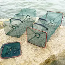 Fishing Net Foldable Portable Dip Net Fish Cage Nylon Steel Wire Fishing Pot Prawn Hand Trap Fishing Network Trap Cage