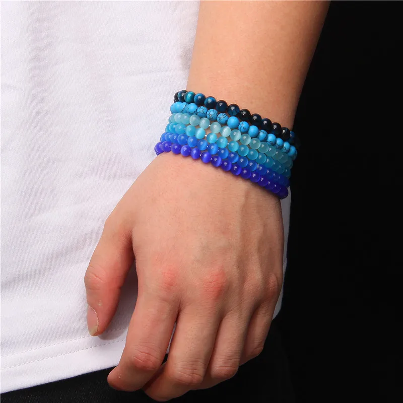 6Mm Blauw Armbanden Voor Vrouwen Mannen Natuursteen Reiki Bangle Stretch Elastische Touw Sodaliet Apatite Kat Tiger Eye Armband sieraden