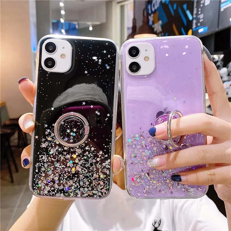 With Finger Ring Bracket Glitter Transparent Soft Shell Phone Case Cover For Samsung Galaxy S20 S10E S9 Note 10 9 Pro Plus Ultra |