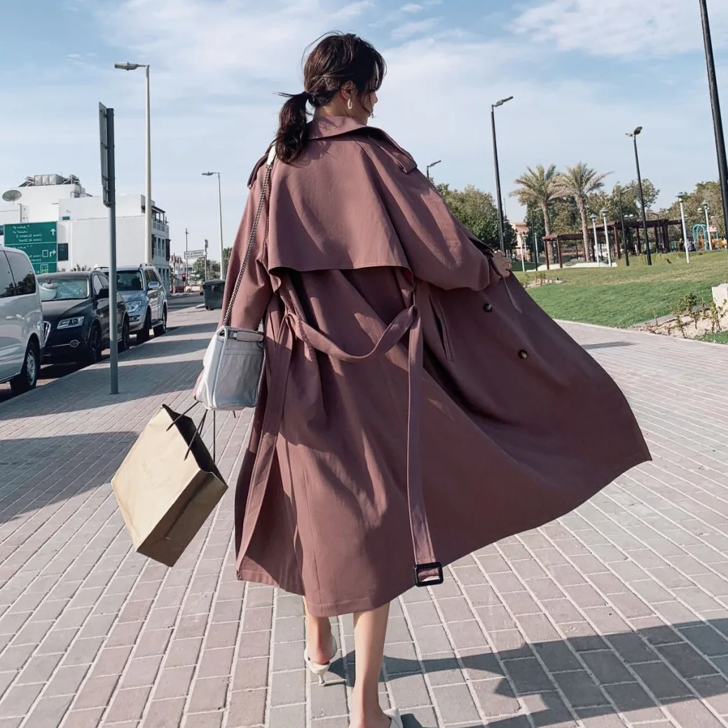 

Photo Shoot Young-Style CHIC Raspberry Color Drape Slimming Waist Hugging Lace-up Fold-down Collar Double Breasted over-the-Knee