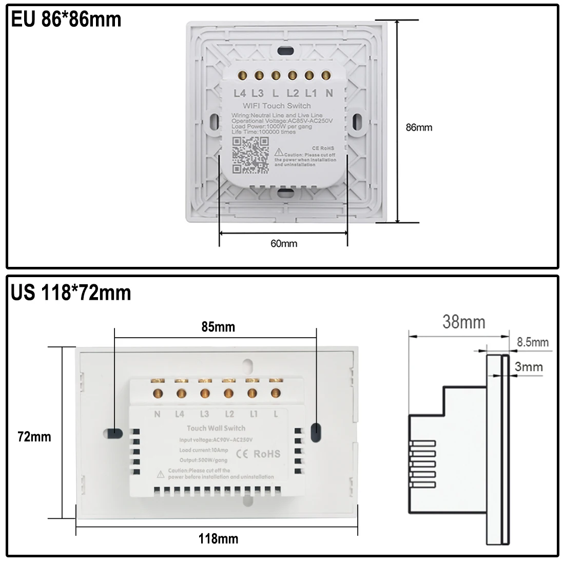 중립 와이파이 터치 라이트 벽 스위치 없음, EU/US 화이트 글래스 블루 LED 투야 스마트 라이프 홈, 알렉사 구글 홈 앨리스용, 2Way, 3Way