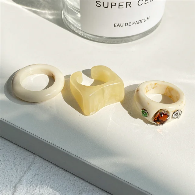 New Colorful Transparent Resin Acrylic Crystal Rhinestone Simple Geometric Square Round Rings Set for Women Fashion Jewelry JZ304