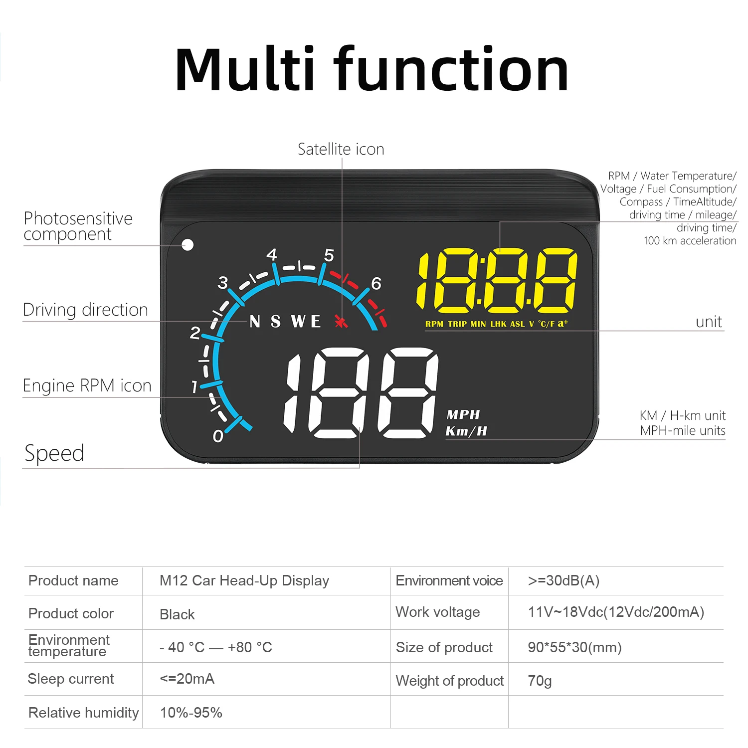 Geyiren-M12 OBD2 GPS HUD   ÷  溸 ý,    µ RPM     ڵ MPH KM/H