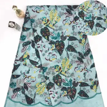 

newest leaf pattern embroidered net lace fabric with multi color sequins african lace nigeria tulle net fabric for party dress