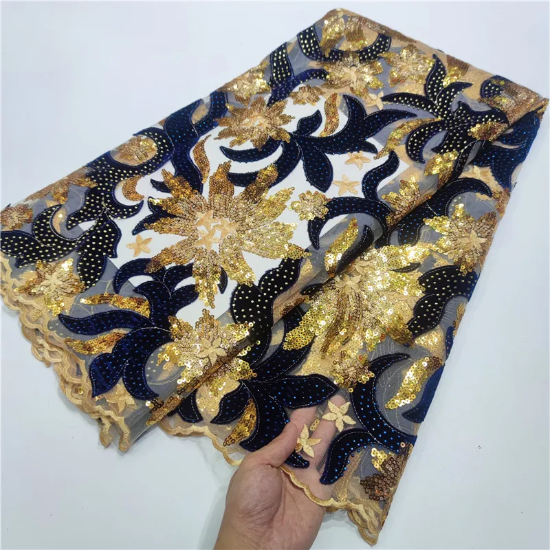 

2021 High Quality Nigerian African Sequins Velvet Lace Fabric Embroidery For Nigerian Wedding Party Dress Sewing Y98-12