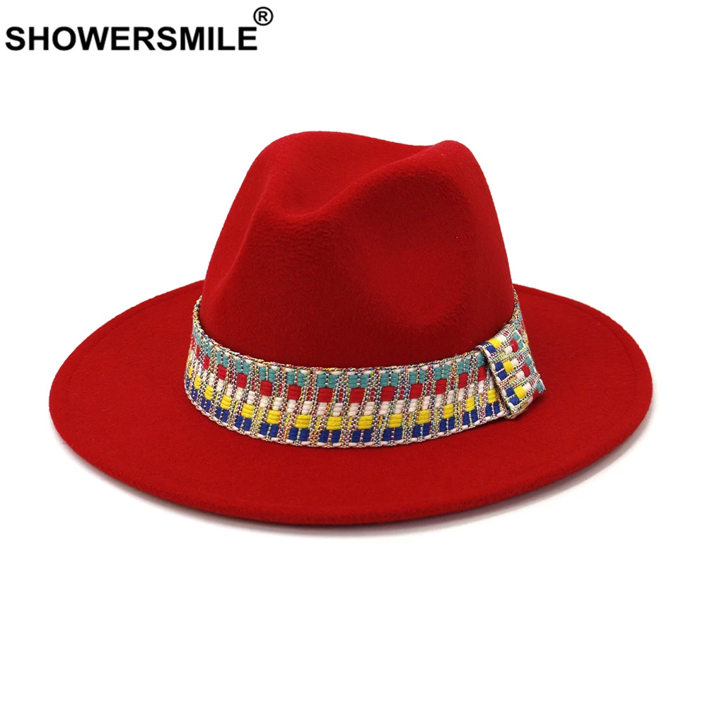 SHOWERSMILE Red Fedora Hat Winter 