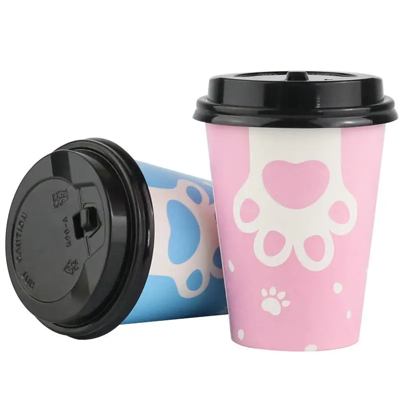 50 Pieces Thickened cartoon cat's paw milk tea paper cup disposable pink net black coffee hot drink |