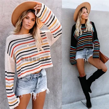 

2020 Autumn And Winter Hot Selling Stripes Rainbow Sweater Women's Contrast Color Joint Loose Fashion Pullover Knitting Shirt