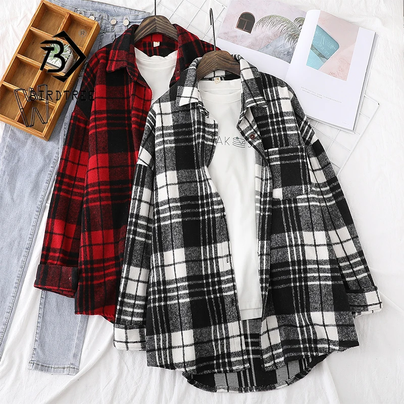 Spring New Women Red Plaid Full Sleeve Thick Warm Woolen Shirt Jacket