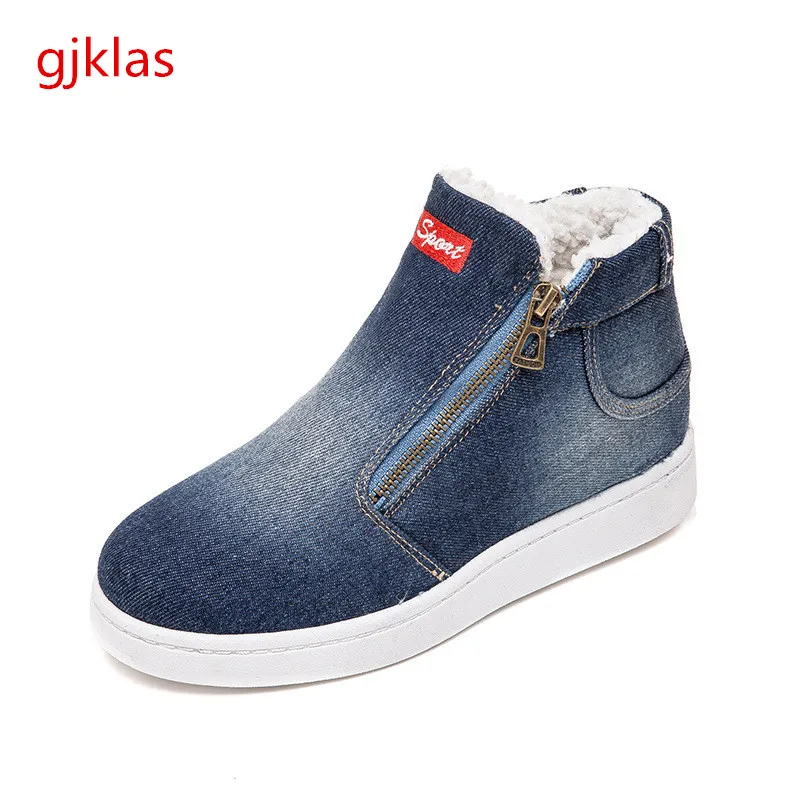 

Short Plush Denim Canvas Platform Boots High Top Winter Shoes for Women Vulcanized Shoes Solid Color Plus Size Chunky Sneakers