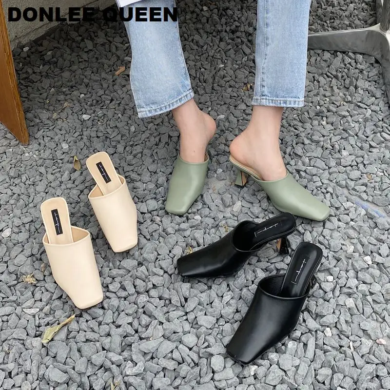 

Elegant Thin High Heels Slippers Women Spring Slip On Mule Shoes Women Square Toe Casual Outdoor Slides Flip Flops zapatos mujer