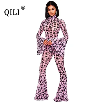 

QILI Mesh Floral Print Jumpsuits Womens Rompers Two Piece Set Outfits Boot Cut Long Pants Jumpsuit Lont Sleeve