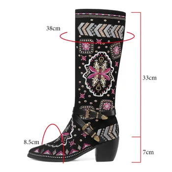 

New National Style Embroidery Floral Mid-Calf Boots Cow Suede Boots Women Buckle Botas Winter Snow Riding Boots Large Size 34-43