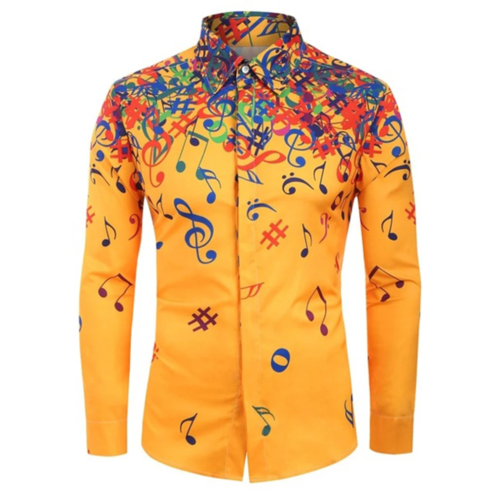 Autumn Men Shirts Casual Slim-Fit Streetwear Musical Note Printed Blouse Black Lapel Button Up Men Dress Shirt Long Sleeve Tops