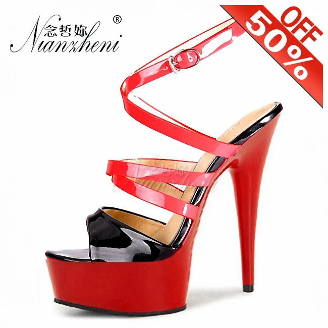 

Summer Open Toe Hollow 15cm Stiletto heels Patchwork Thick platform 6 inches Trend Patent leather Sexy Fetish Women's sandals