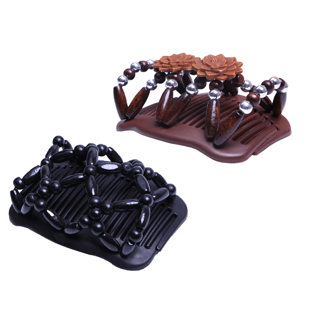 2Pcs Women Hair Slide Stretchy Double Hair Comb Clip Wood Beads Hair Styling