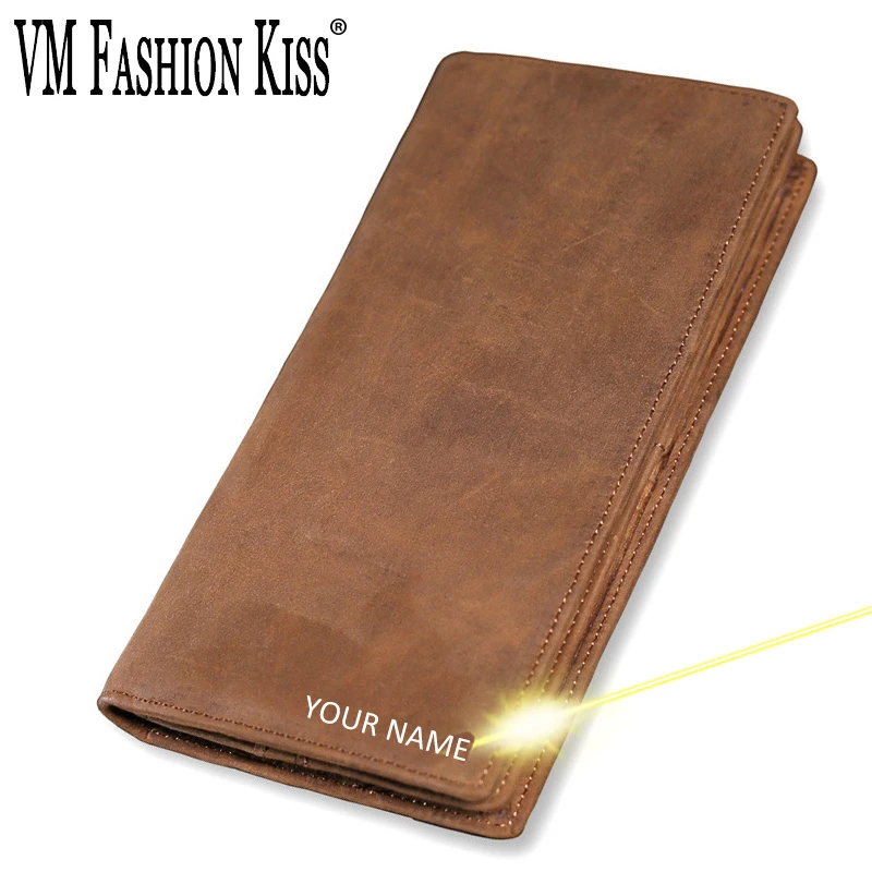 Мужской Длинный кошелек VM FASHION KISS винтажный из натуральной кожи с гравировкой на
