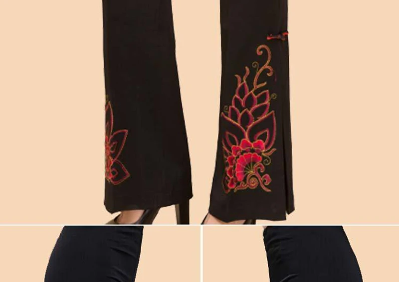 Middle-aged Tang suit pants брюки женские women's pants embroidered trousers ladies wide leg high waist pants