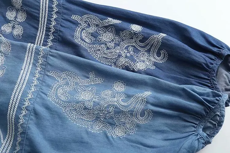 spring embroidery denim shirt women cotton casual v neck soft light blue denim tops and blouses blusas mujer new 5