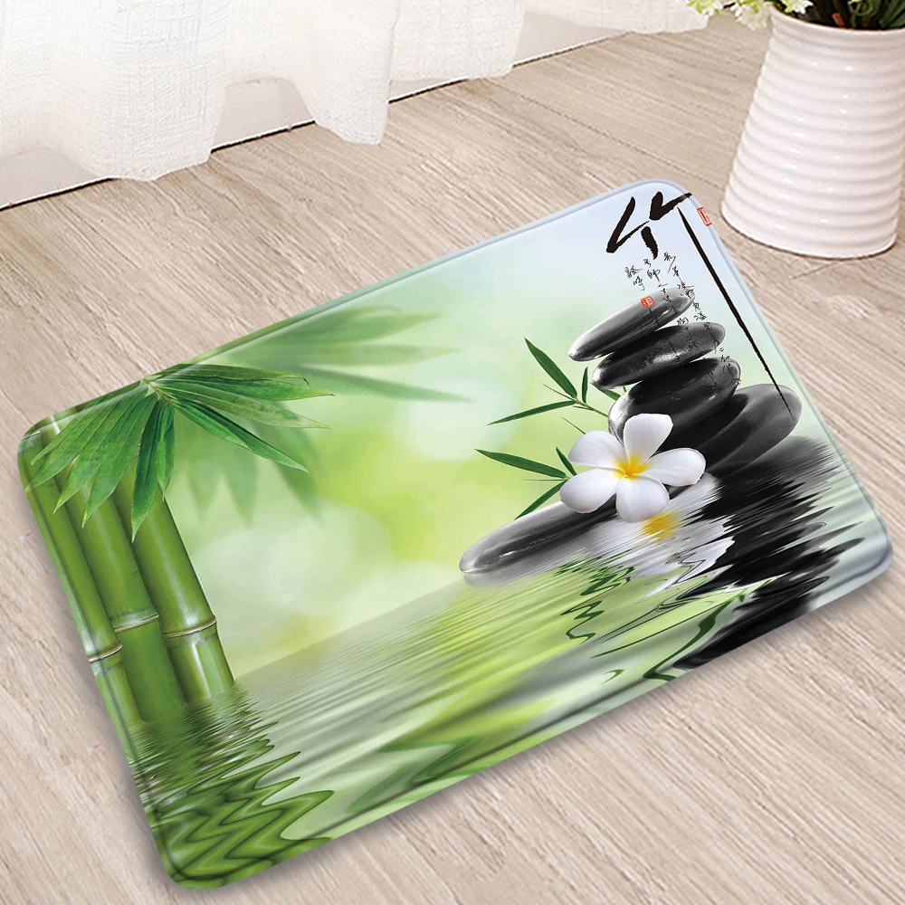 Zen Bath Mat Set Spa Landscape Rocks Flower Green Plants Bamboo Leaves Low  Pile Flannel Bath