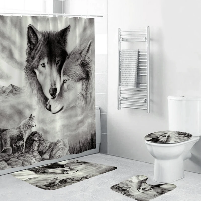 

Hot Sale 4Pcs Home Bathroom Decor Set Bathroom Wolf Pattern Toilet Seat Cover Bath Mat Set+ Waterproof Shower Curtain