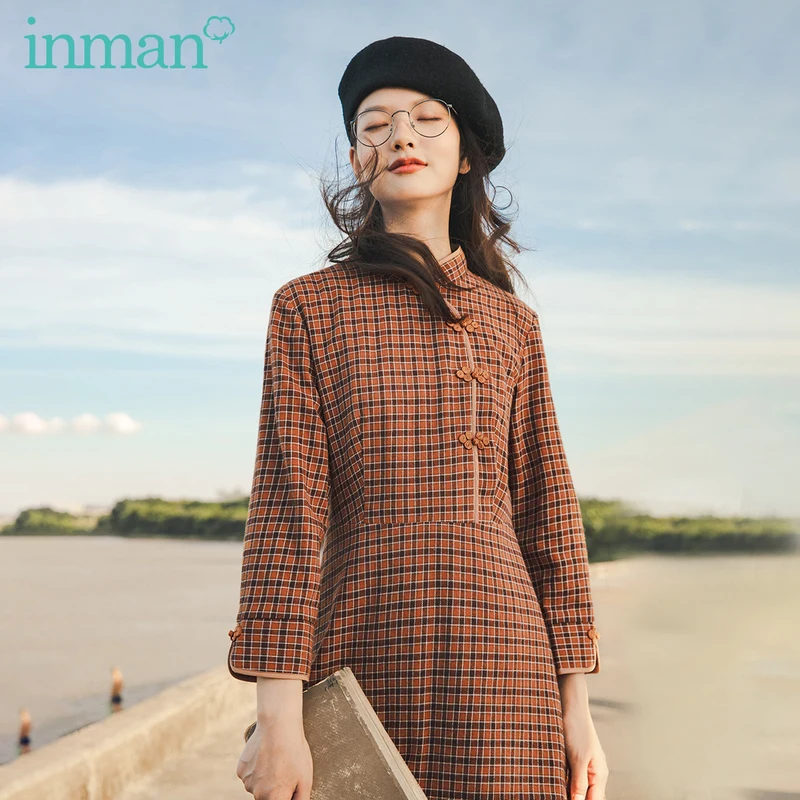 INMAN 2020 Autumn Winter New Arrival Plaid Dress Retro Cotton Buckle Collar Three-quarter Sleeve Dress INMAN 2020 Autumn Winter New Arrival Plaid Dress Retro Cotton Buckle Collar Three-quarter Sleeve Dress