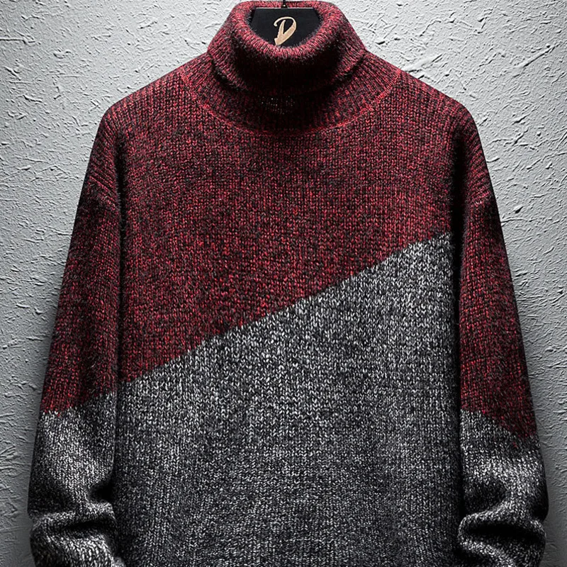 Winter Turtleneck Sweater Men Warm Fashion Contrast Casual Knit Sweter Clothes Man Streetwear Loose Long Sleeve Pullover Men