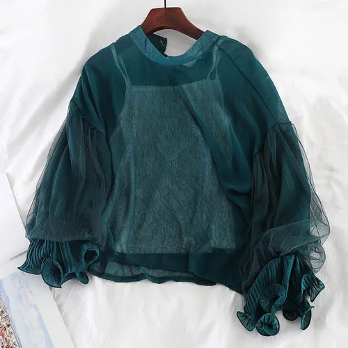 Neploe/Новинка, женская шифоновая блузка, рубашка, костюмы, марлевые, лоскутные, с пышными рукавами, пуловер, топы и Cami,, комплекты из 2 предметов 54421 - Цвет: green