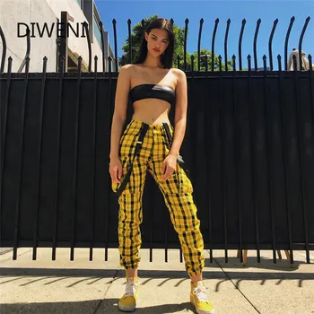 

DIWEINI Ladies Trousers Loose Version Harem Pants Popular Bib Retro Plaid High Waist Overalls Pants Mujer Strap Pants 2020