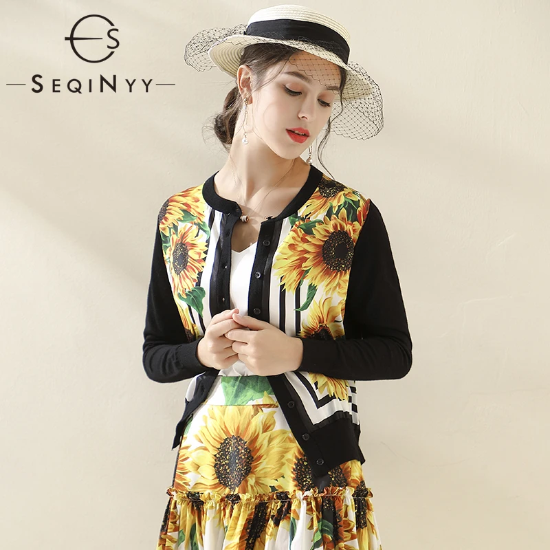 

SEQINYY Black Sweater Jacket 2020 Spring Autumn New Fashion Design Long Sleeve Knitting Spliced Sunflowers Printed Cardigans