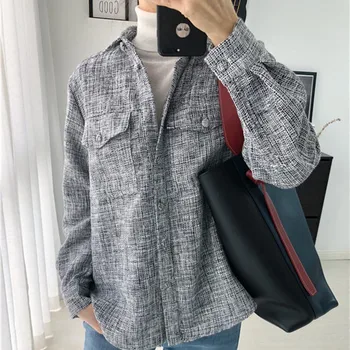 

Women's Tweed Loose Blouse Turn-down Collar Plaid Long Sleeve Shirt with Double Pockets