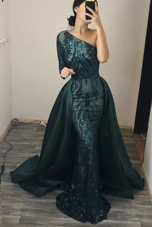 

Green One Shoulder Long Sleeve Sequined Sexy Luxury Fashion Evening Dresses with Train Evening Dresses
