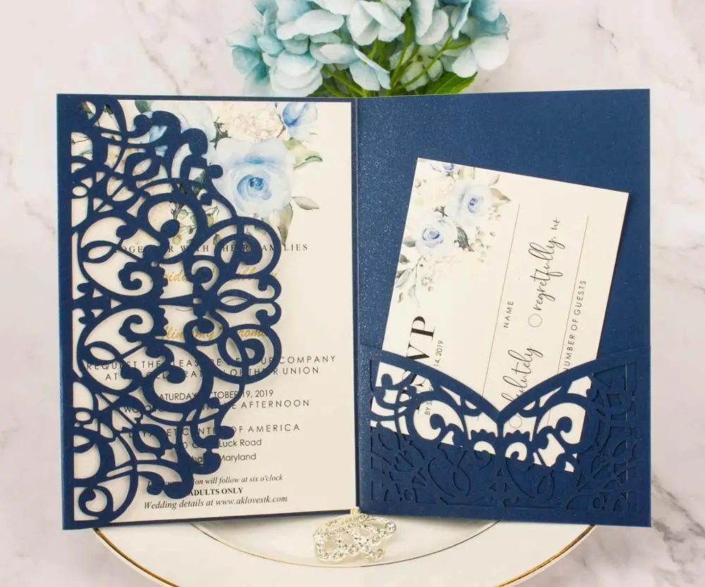 50pcs pearl paper pocketfold Wedding invitation Cards three fold pocket Laser Cut flower invite Greeting Covers for party | Дом и сад