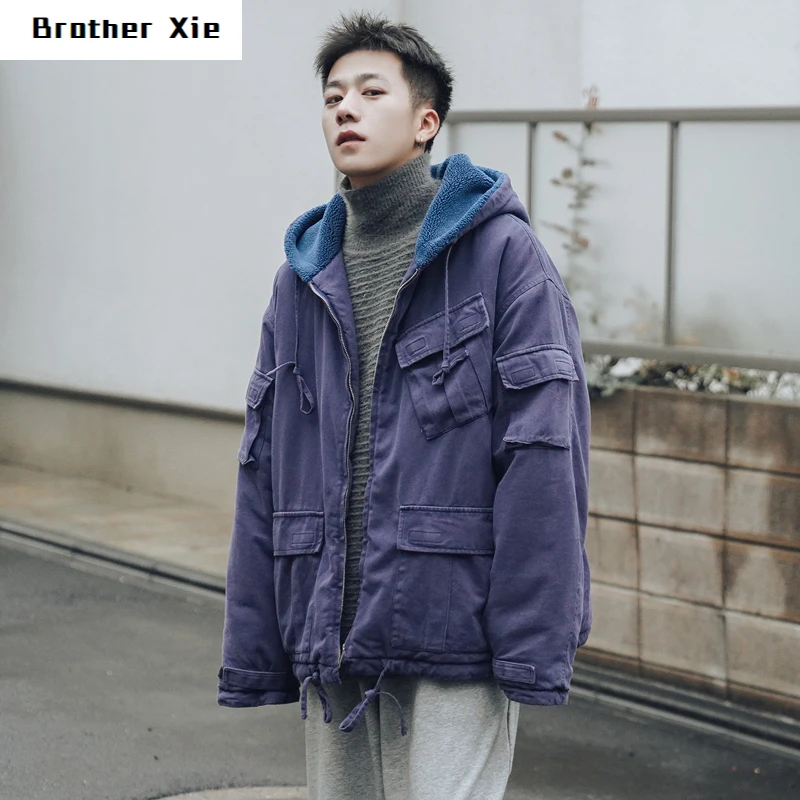 

Winter Thick Cotton Jacket Men Warm Fashion Parka Men Solid Color Hooded Coat Man Streetwear Wild Loose Overalls Male Clothes