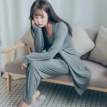 

2020 pyjamas women pijama shein sleepwear summer modal vest+pants+cardigan 3 pieces set women sexy lingerie loose home suits