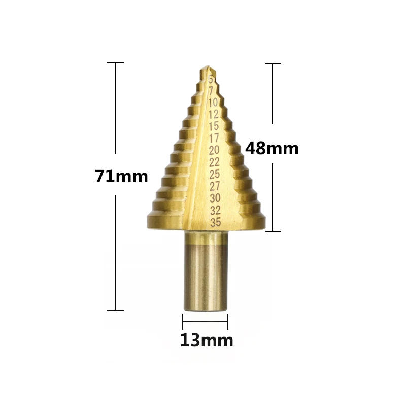 5-35 TiN Coated 1 шт., HSS 5-35 мм, ступенчатое сверло для дерева/металла, 13 ступеней, треугольный хвостовик, сердечник, сверло с титановым покрытием, Дырокол - Цвет: 5-35 TiN Coated