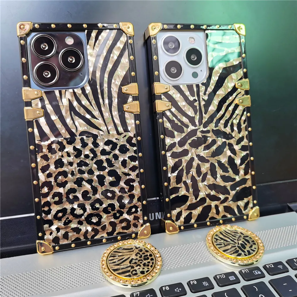 Luxury Gold Glitter Sexy Leopard Case For iPhone 14 PRO MAX 11 12 PRO XS Fashion Square Cover for iphone 13 PRO MAX 8 7 14 Plus_voghion.com