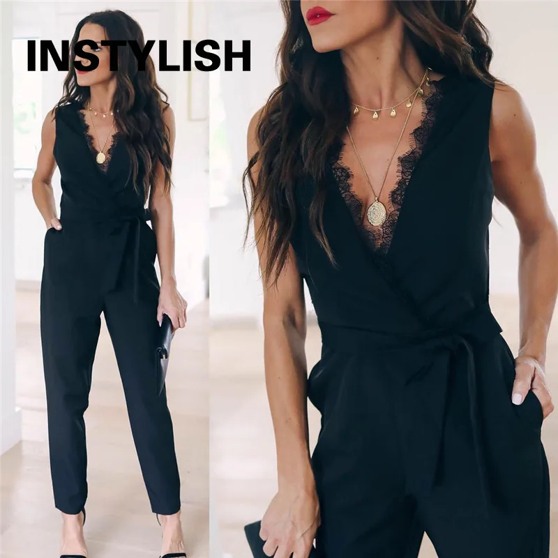 

Summer Lace Patchwork Jumpsuit Fashion Lace Sleeveless Casual V Neck Pocket Women Rompers Black Jumpsuits Female Pants Bodysuits