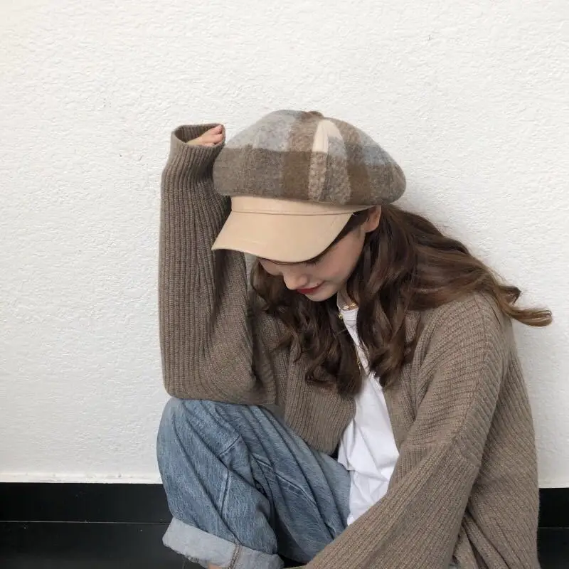 

New Autumn winter gentle female woolen plaid visor cap retro British style ease matching fashion warm outing octagonal beret hat
