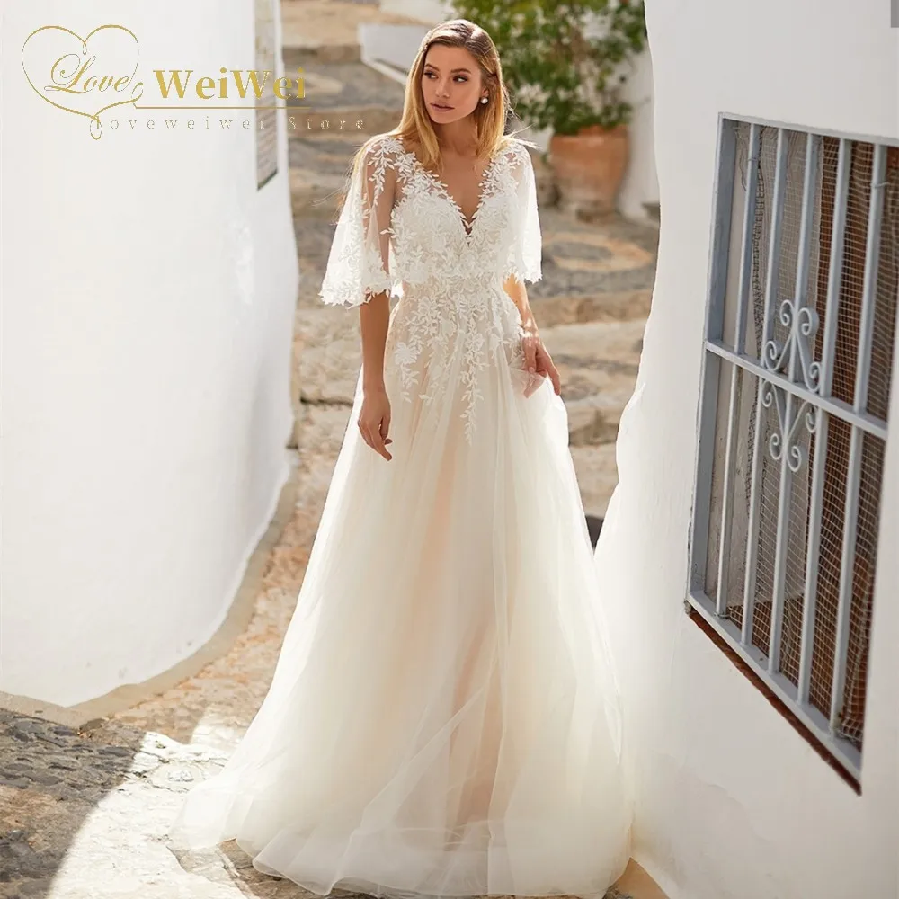 lace wedding dress Boho Wedding Dress Plus Size A-Line V-Neck Sheer Half Flared Sleeves Train Open Back Lace Appliques Vestidos De Novia 2020 bridal dresses