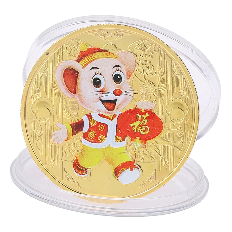 1 шт., позолоченные/посеребренные памятные монеты с мышкой и крысой, коллекция китайских монет со знаком зодиака, подарок на год, товары для украшения дома - Цвет: HRHG959-GD