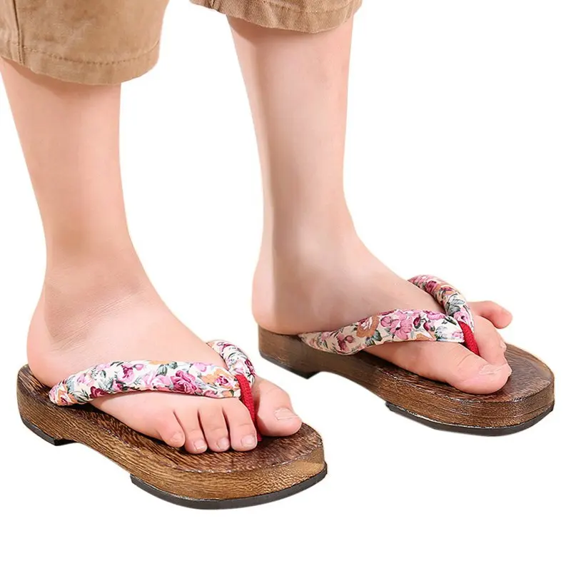 Kids Cosplay Shoes Summer Slippers Flats Flip Flops Samurai Clogs Wooden Geta Sandals Children Kimono Shoes Floral Costumes