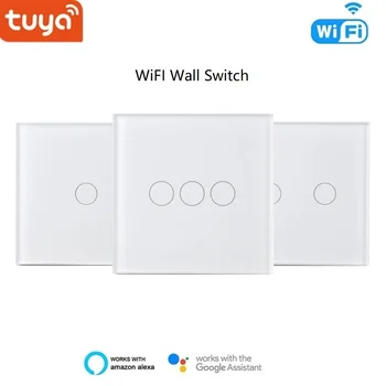 

Tuya Wifi Smart Home Wall Touch Switch, EU 1/2/3gang Glasses switch panel support Voice Control via Alexa, google home