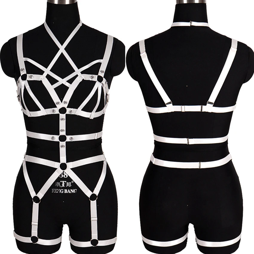 Набор ремней для тела Pole Dance заклепки Жгут Бюстгальтер белый выдалбливают ноги пояс с резинками, фетиш бдсм бондаж нижнее белье в готическом стиле Rave Body Cage