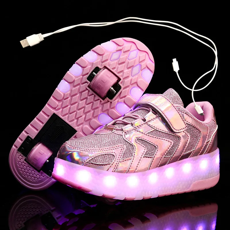 

Children One Two Wheels Luminous Glowing Sneakers Gold Pink Led Light Roller Skate Shoes Kids Led Shoes Boys Girls USB Charging