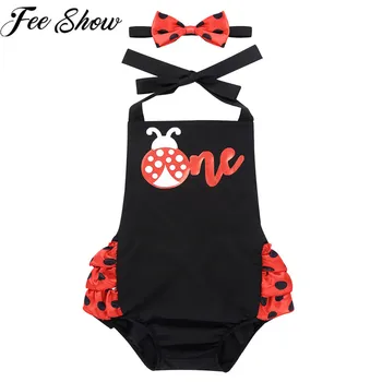 

Infant Girls Halter Neck Beetle Letters One Printed Ruffled Romper with Bowtie Headband for Halloween Cosplay Costume Dress up