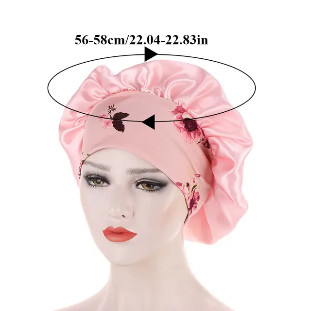 Women Satin Night Beauty Salon Sleep Cap Bonnet Hat Silk Headwrap Floral Print Wide Elastic Band Curly Springy Hair Chemo Cap 6