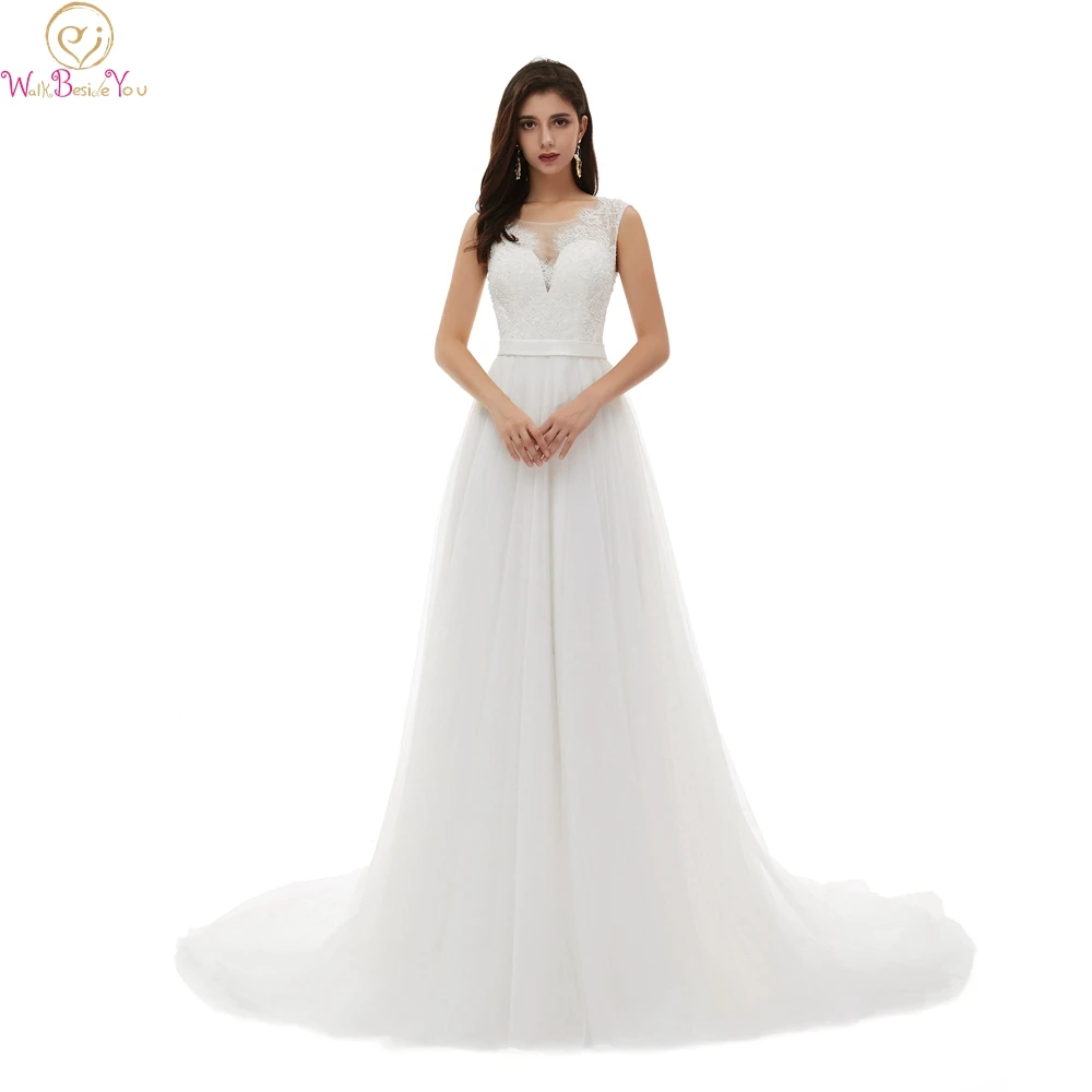 

Scoop Neck A Line Wedding Dresses 2019 New Sleeveless Lace With Pearls Bridal Gowns Illusion Back Long Formal Vestidos De Noiva
