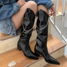 Bottes de Cowboy occidentales à talons épais pour femme, chaussures de créateur, en cuir véritable avec chaîne métallique, hauteur des genoux, automne et hiver, nouvelle collection 2021
