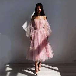 SoDigne Pink Tulle Prom Dress With Belt Pleat Detachable Puff Long Sleeves Lady Formal Party Dress Short Gowns